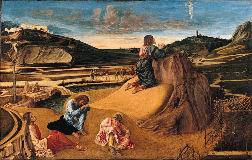 London National Gallery Next 20 03 Giovanni Bellini - The Agony in the Garden Giovanni Bellini - The Agony in the Garden, about 1465, 81 x 127 cm. Jesus prays in the Garden of Gethsemane while Peter, James and John sleep. An angel reveals a cup symbolizing his impending sacrifice. In the background, Judas approaches with the Roman soldiers who will arrest Jesus. Perhaps for the first time in Italian painting, the artist has represented a real, observed sunrise, which tints the undersides of clouds rose-orange, reflects from the walls of distant towns, glitters on armour. By specifying the time of day, the picture reminds us of Christs long night of agony, with its final acceptance of the Passion symbolized by the chalice held out by the angel like a priest officiating at Mass.